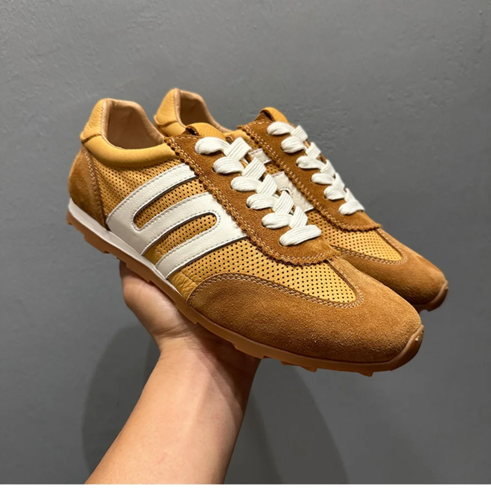 أحذية رياضية مثقوبة جديدة من الجلد قابلة للتنفس، أحذية كاجوال متعددة الاستخدامات من جلد البقر الناعم، أحذية DeTain بنعل ناعم منخفض