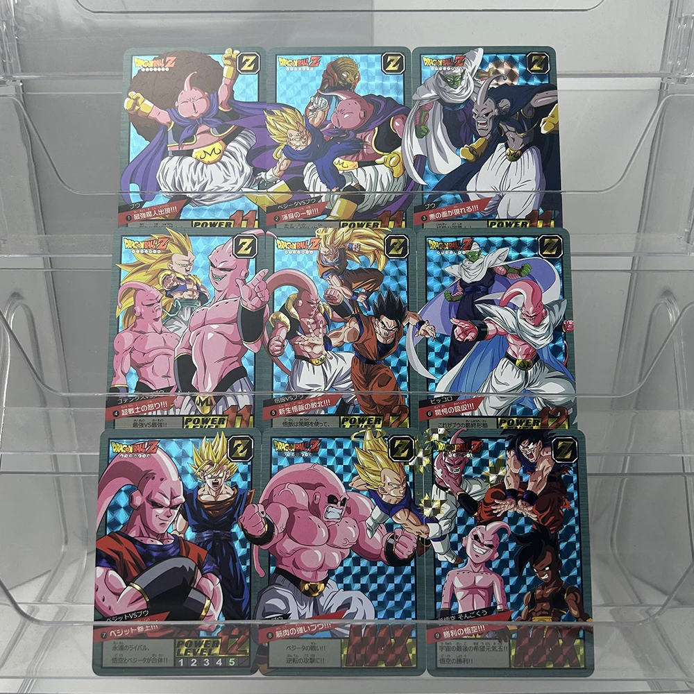 9PCS Anime Collectible DB Cards Grid Pattern Flash Buu Saga Power Level Prism Holo Foil Japanese Vintage Collectible Cards Gift