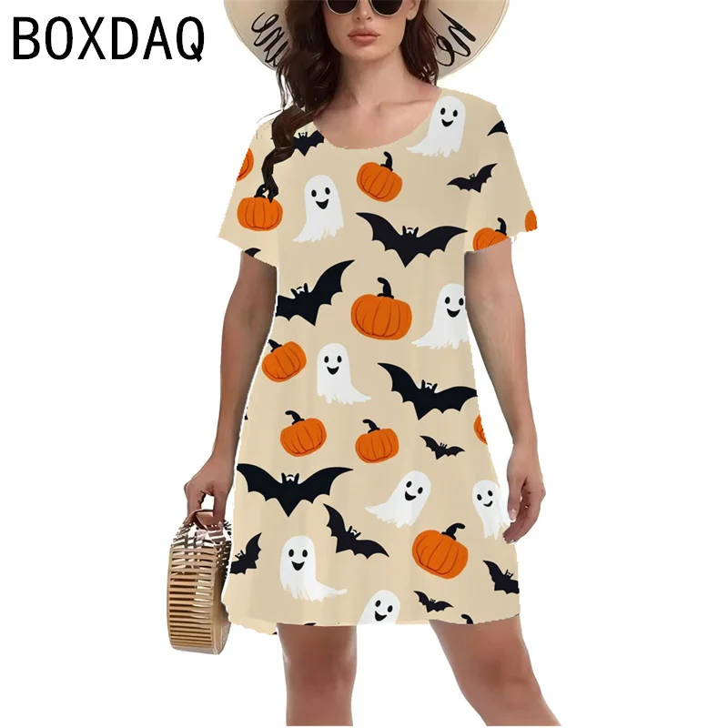 Damska sukienka Horror na imprezę Halloween 3D Horror Halloween Elemental Print Mini sukienka damska z krótkim rękawem O-Neck Casual Dresses