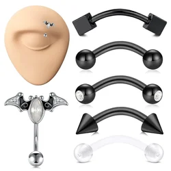 1pcs Black Steel Color Eyebrow Ring Set Ear Bone Nail Body Piercing Jewelry Set Inlaid Shiny Zircon