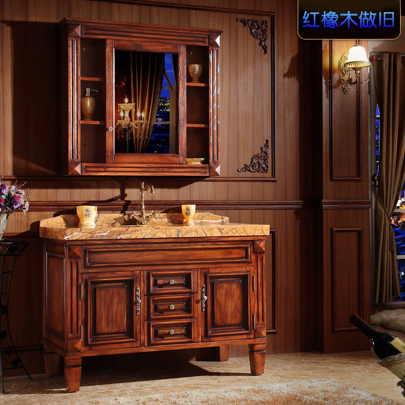 Red oak American bathroom cabinet mirror cabinet combination bathroom marble washbasin cabinet floor solid wood locker overall