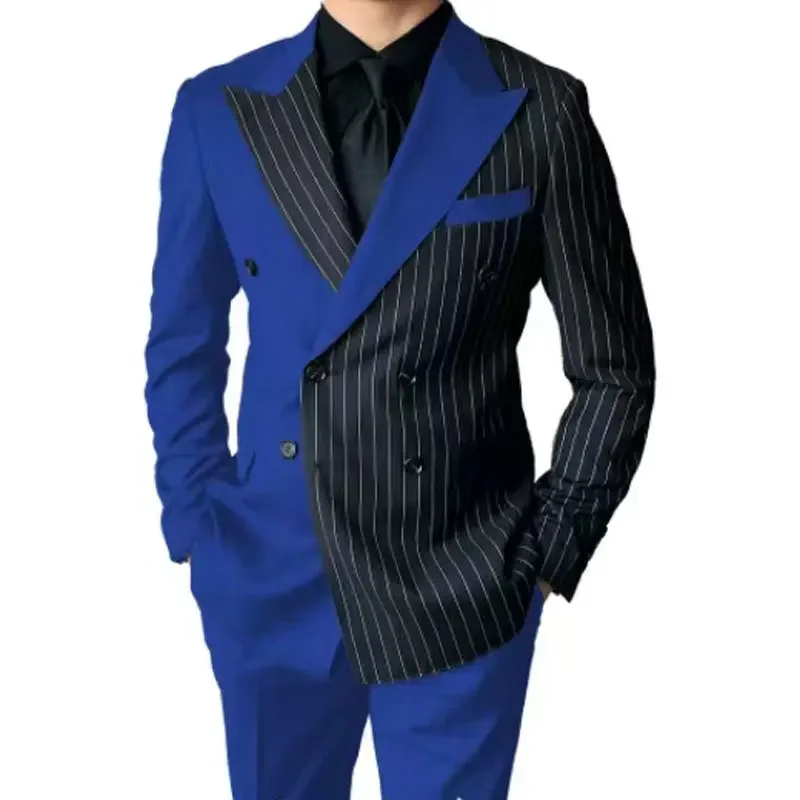 

New Arrival Blue Color and Black Stripe Design Double Breasted Peak Lapel Smart Casual Prom Full Set Special 2 Piece Jacket Pant