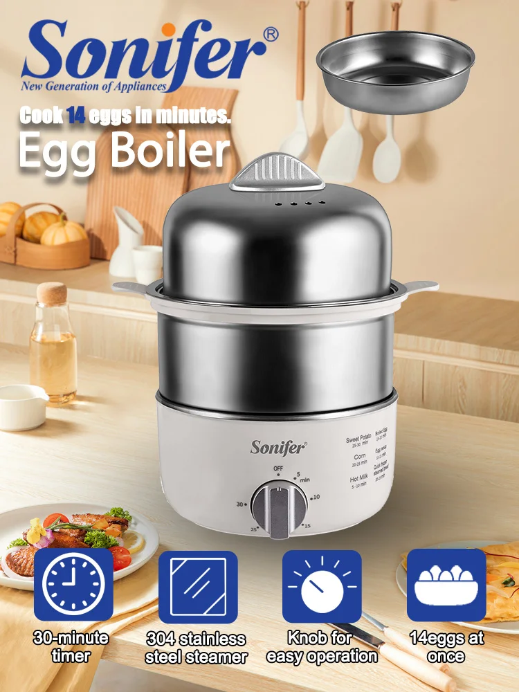 Egg Boiler Sonifer SF-1515 350W Electric Egg Cooker for 14 Eggs 304 Stainless Steel Steamer 30Min Timer Auto Shut Off Kitchen