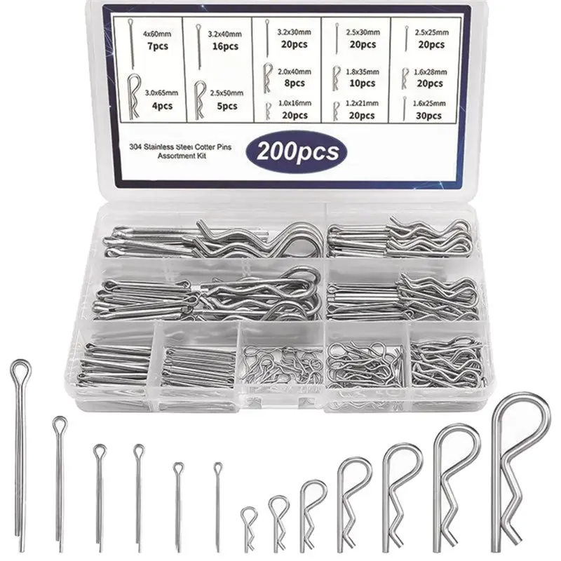 M11K-Cotter Pins Assortment-200Pcs 304 Stainless Steel Hitch Pin Clips Kit For Locking Systems Ideal For Farm Tools