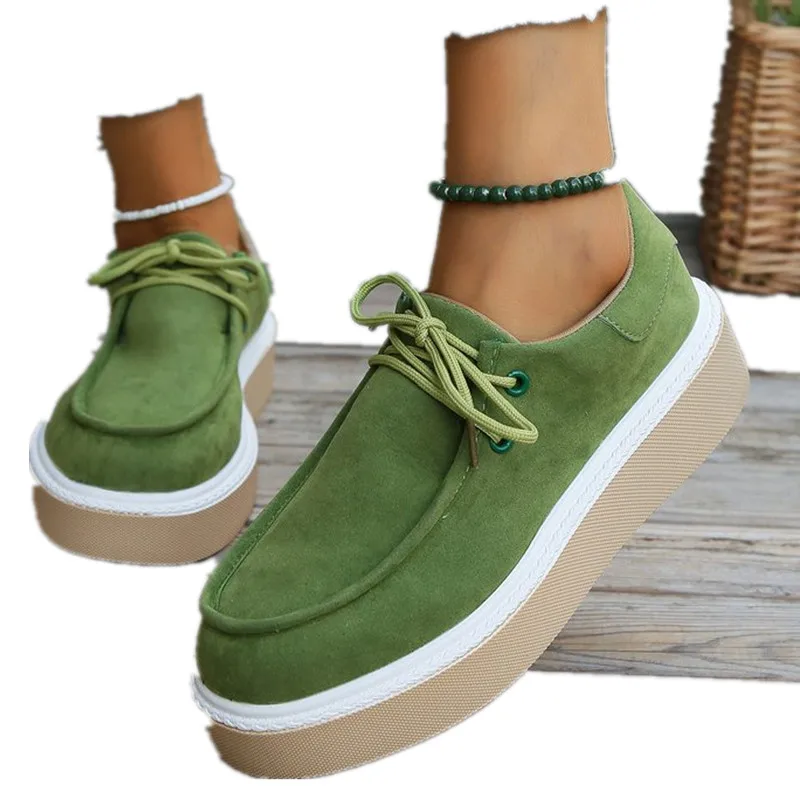 Sepatu kets Suede wanita, sepatu Platform ujung bulat, sepatu Sneakers bertali, datar, musim semi, luar ruangan, lari, kasual, divulkanisir