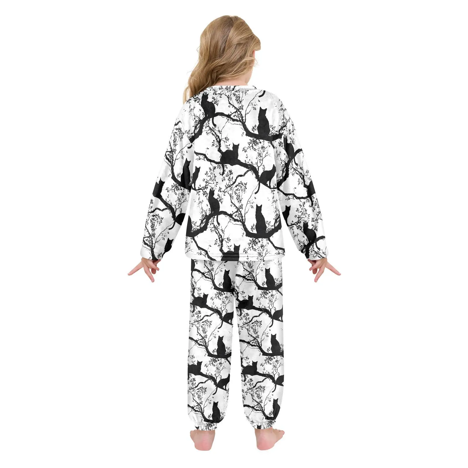 冬用長袖ソフトブラック猫プリントぬいぐるみパジャマセット女の子男の子用快適な子供用寝間着ナイトウェアラウンジウェア