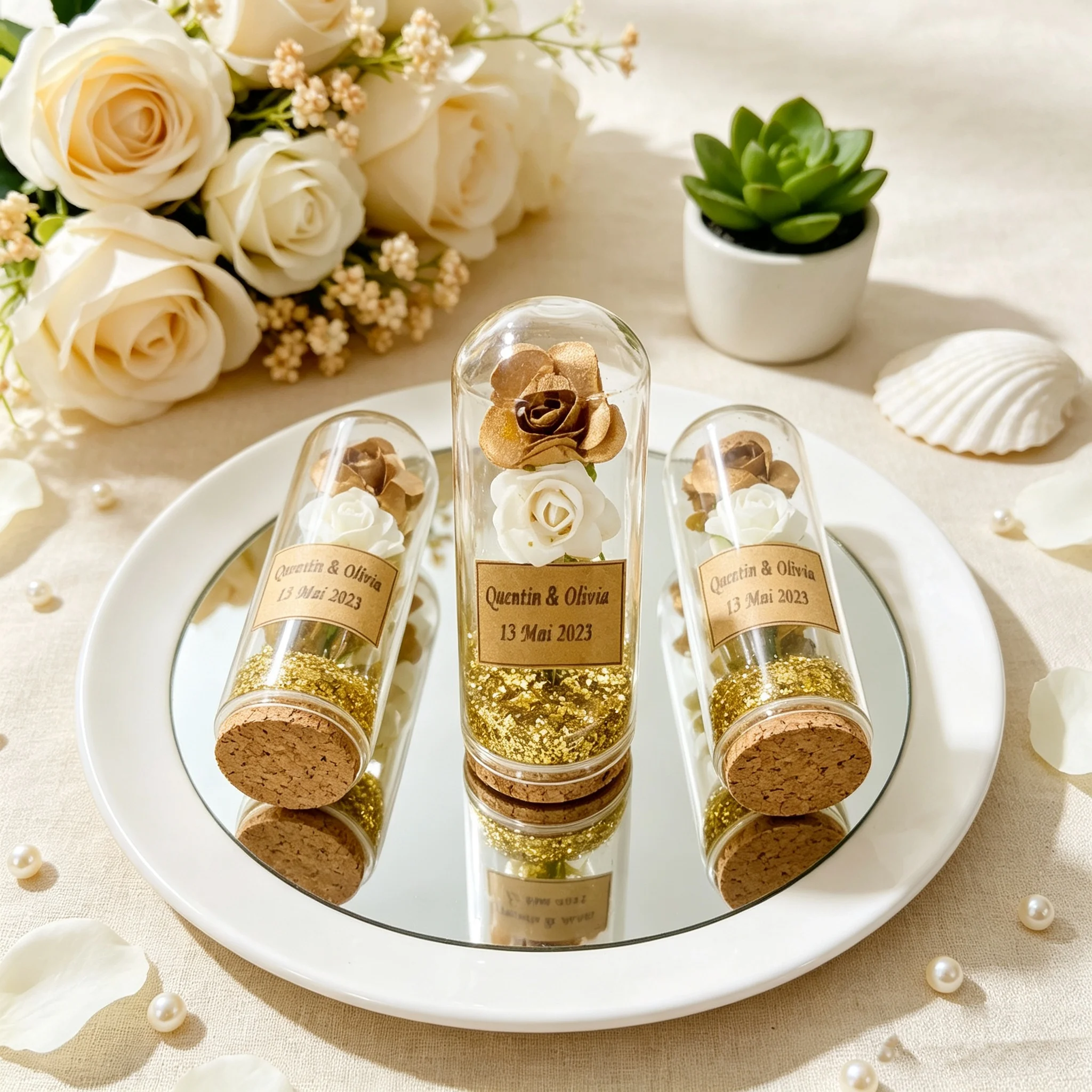 Personalized Glass Tube Rose Gift, Gold Glitter Rose, Wedding Bridal Shower Guest Keepsake