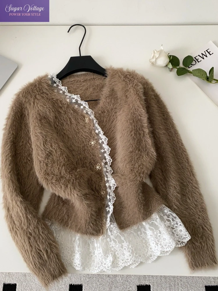 

Harajuku французский милый вязаный кардиган женский мягкий плюшевый кружевной лоскутный тонкий топ с длинными рукавами на талии элегантный уютный коричневый модный наряд