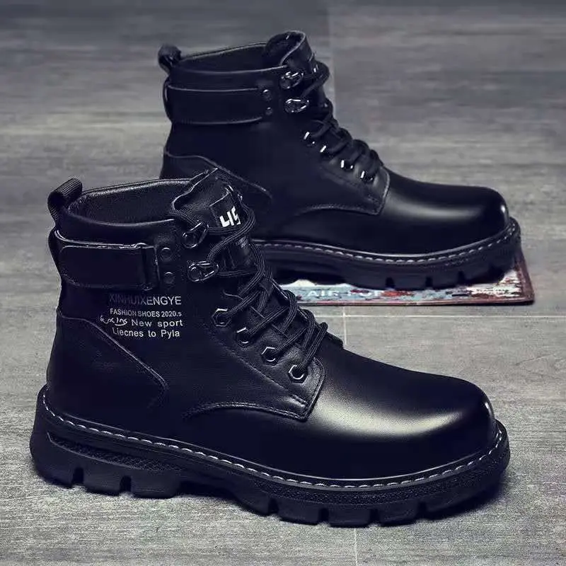 Men's high top British style black workwear motorcycle boots spring and autumn leather shoes