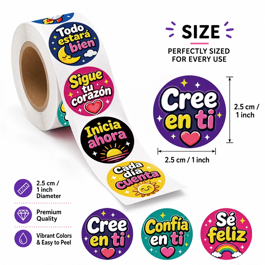 500 Pcs Spanish Motivational Stickers Roll, 10 Assorted Positive Quote Designs, Inspirational Round Labels for Gift Wrapping