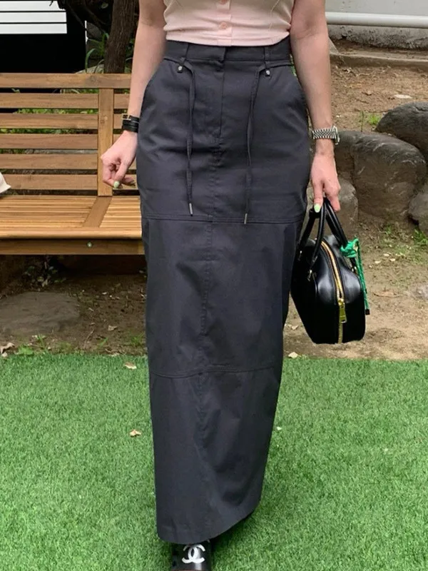 Korean Style Spring Summer New Drawstring Elastic Waist Split Workwear  Skirt High Waist Straight Cut Breathable Polyester