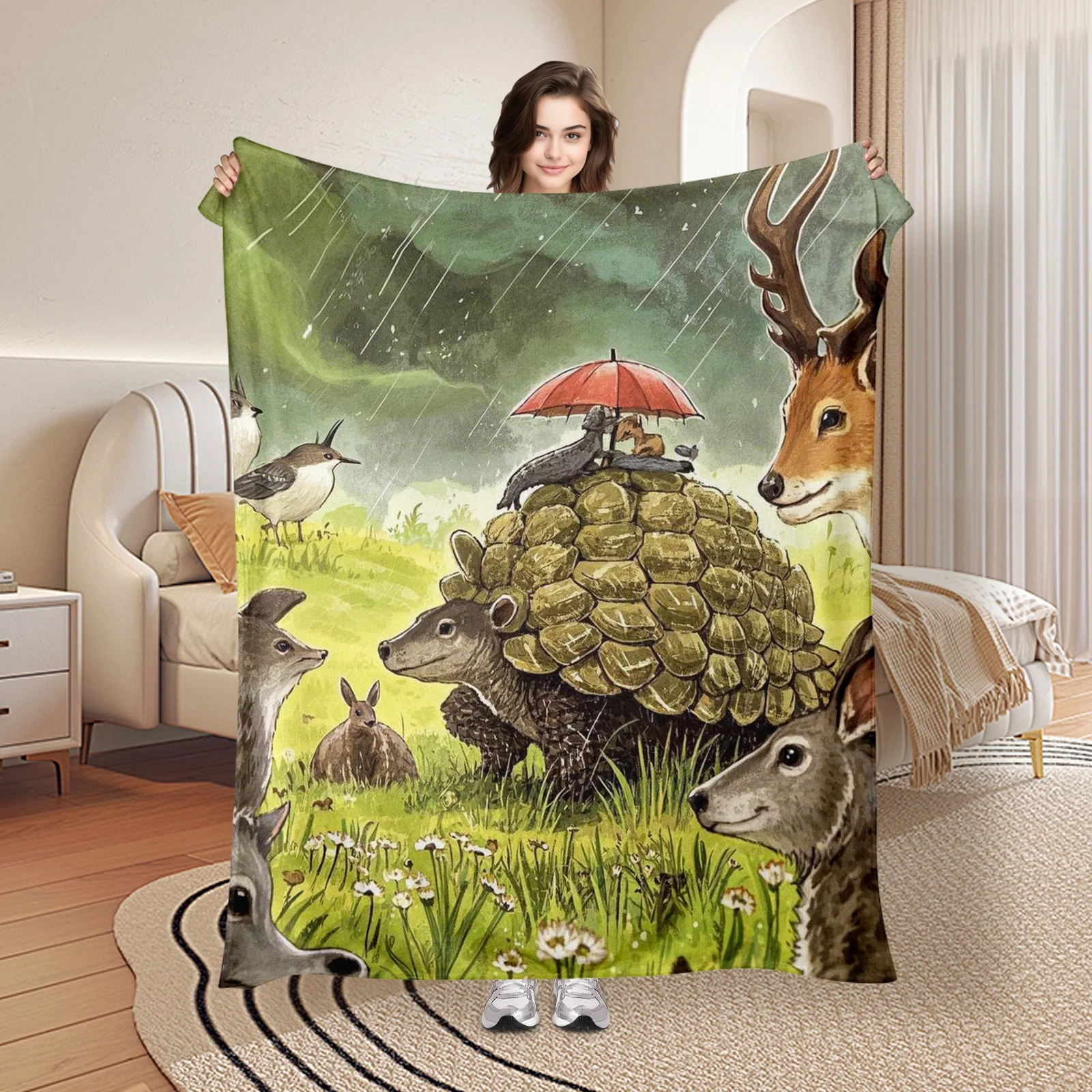 Armadillo Inspired Blanket Featuring Deer Rabbit Birds And Rainy Meadow Scene For Indoor Outdoor Use