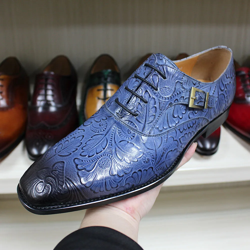 2022 Classic Men Oxford Dress Shoes Real Leather Flower Print Cap Toe Lace Up Buckle Blue Wedding Party Formal Footwear for Men