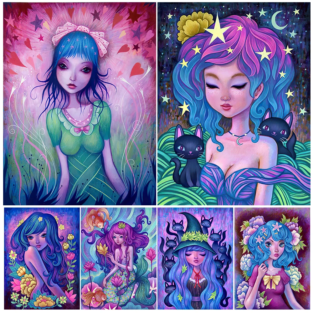 

Little Purple Witch And Nine Cats Vintage Wall Art Canvas Painting Mermaid And Cute Girl Abstract Art Poster Print Home Decor