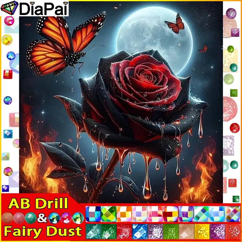 DiaPai Fairy Dust AB "Rose Butterfly Moon" Diamant Schilderij 5D Volledige Vierkante/Ronde Boor Home Decor DIY diamant Borduren Kruis