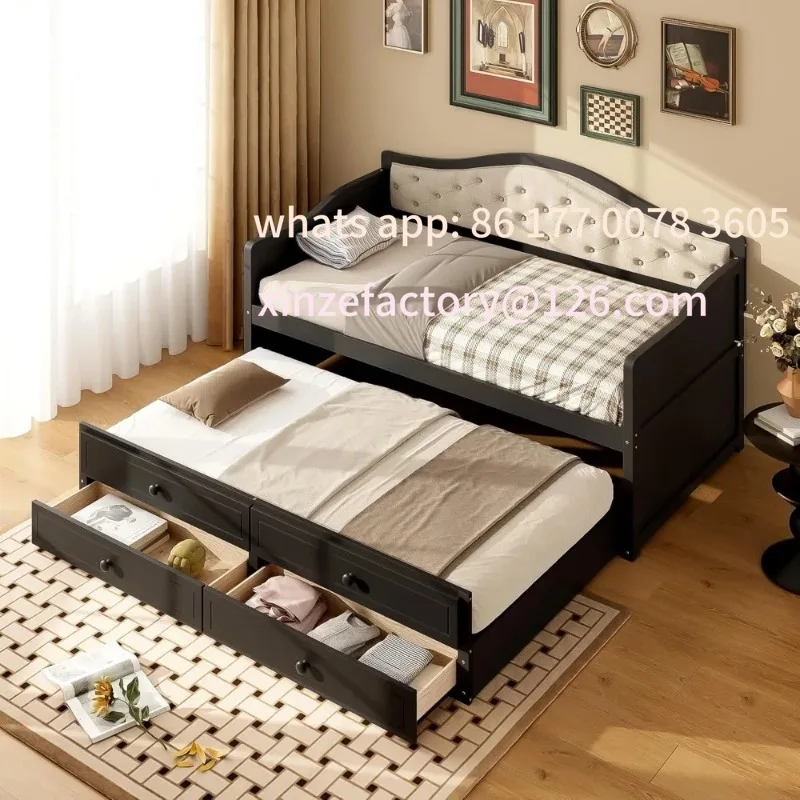 

Customizable Twin Size Daybed with Pull-Out Trundle and Storage, Wooden Sofa Bed with Upholstered Headboard