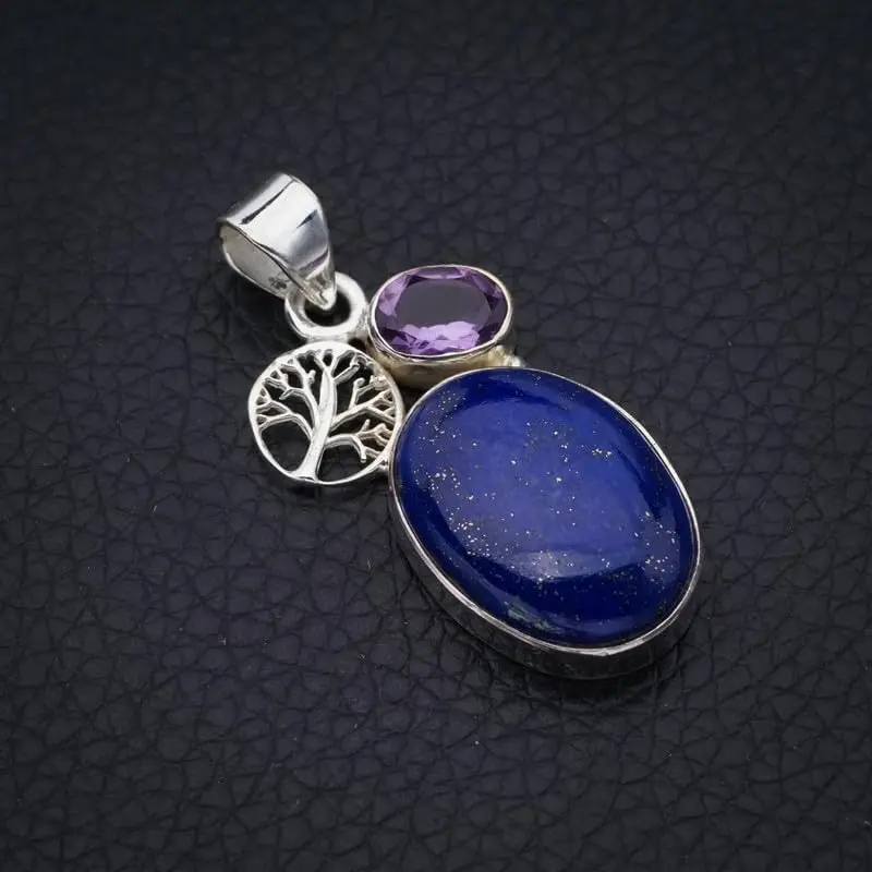 StarGems® Natural Lapis Lazuli Amethyst TreeHandmade 925 Sterling Silver Pendant 1.5