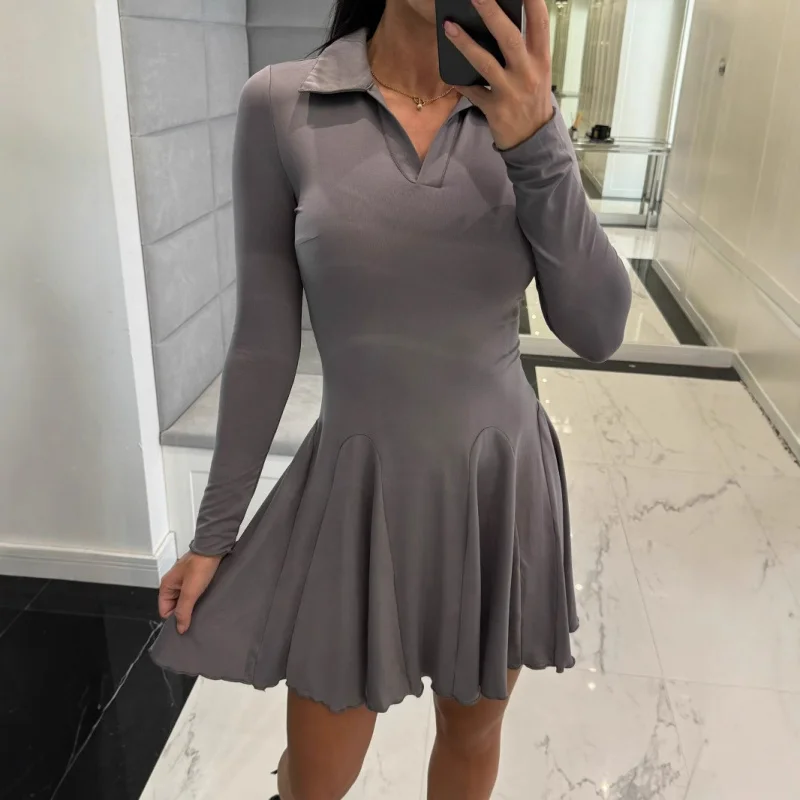 Ropa de mujer europea y americana nueva moda temperamento Color manga larga solapa y cintura vestido corto ajustado
