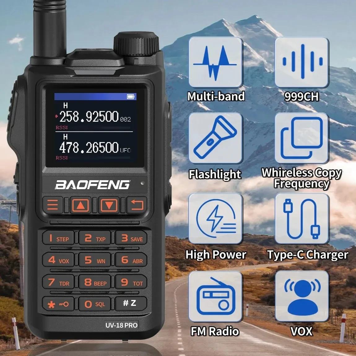 

Baofeng UV-18 Pro Walkie Talkie 10W Wireless Copy Frequency 999CH NOAA Long Range Type-C VHF UHF UV-5R UV18 Ham Two Way Radio
