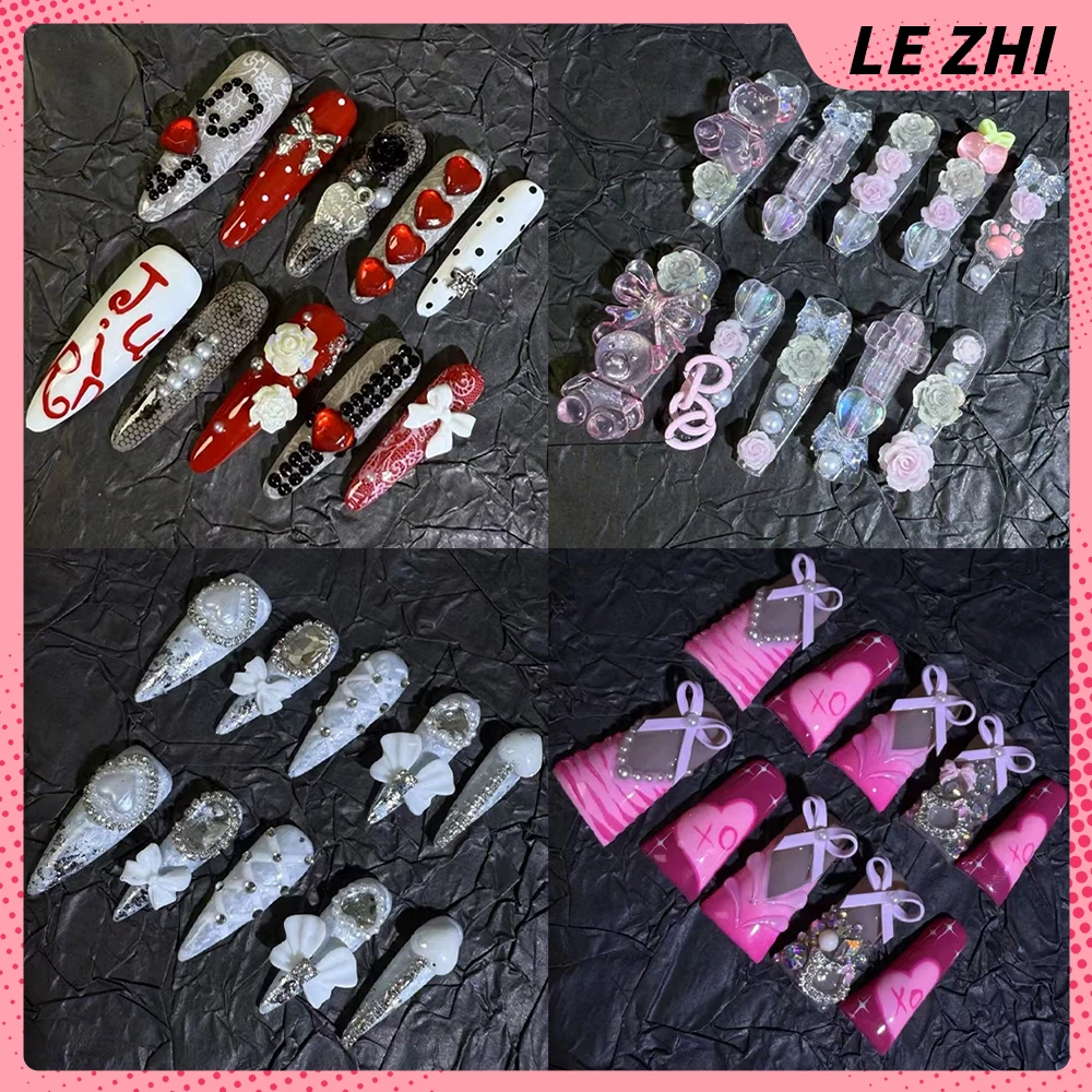 

10Pcs Y2K Spicy Girl Long Stiletto Coffin Duckbill Handmade Press On Nail Flowers Bowknot Diamond Pearl Wearable Fake Nail