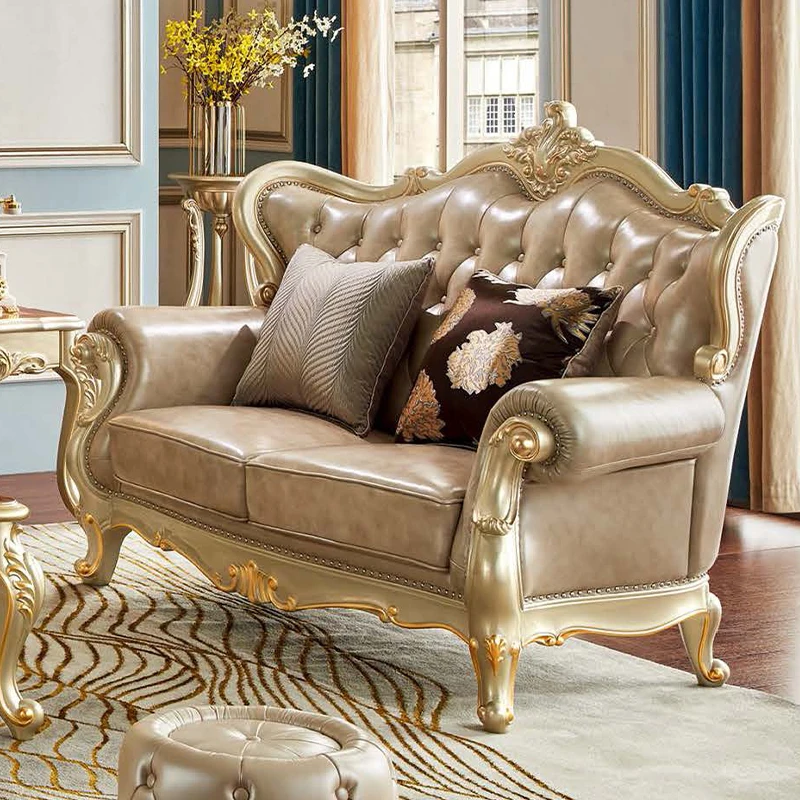 For European Style Classic Sofa Solid Wood Luxury Leather Living Room Sofas Sets Home Furniture