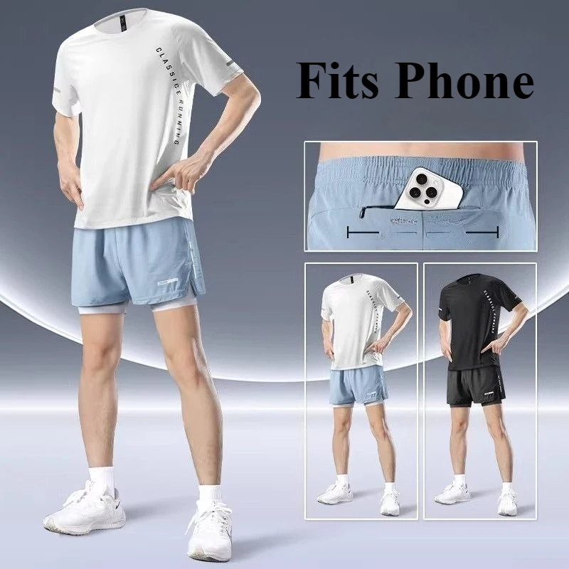 

2-Piece Men's Quick drying Sports Suit Loose And Breathable Short Sleeved T-shirt Running And Summer Fitness Black Pocket Shorts