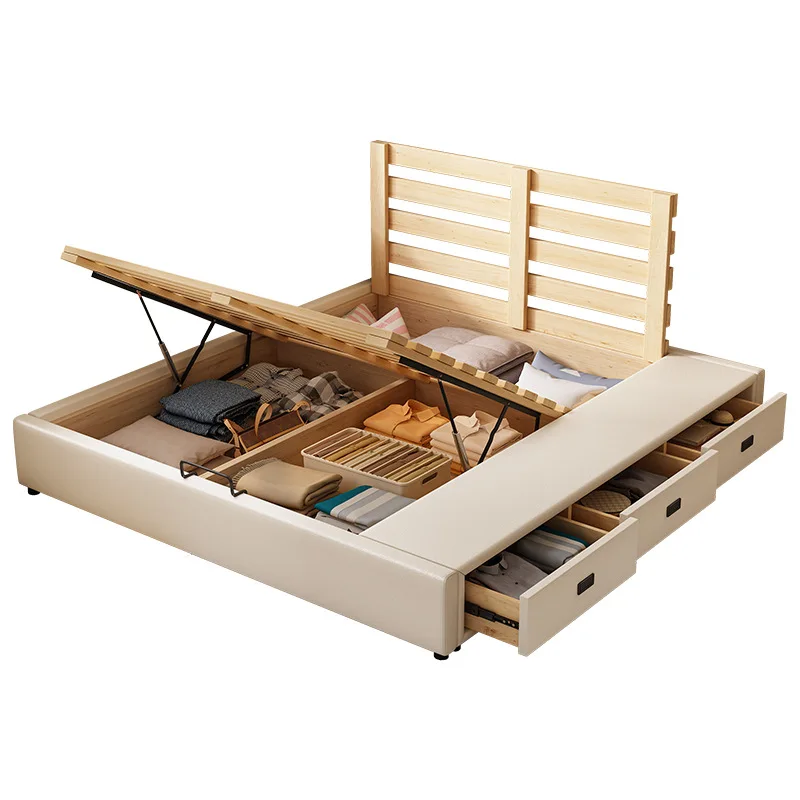 No bedside storage bed Three-drawer storage bed Small apartment tatami bed Row skeleton bed with drawers Leather art bed