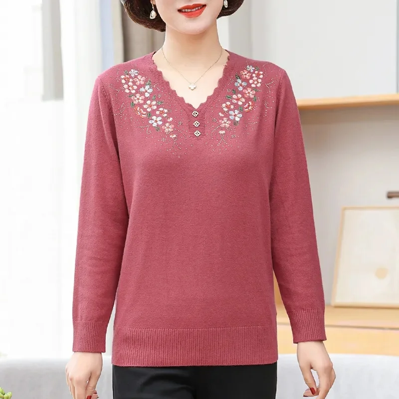 New Autumn Sweater Women Long-Sleeved Middle-aged Mother's Casual V-neck Knitted Sweater Bottom Pullovers Female Knitwear Tops