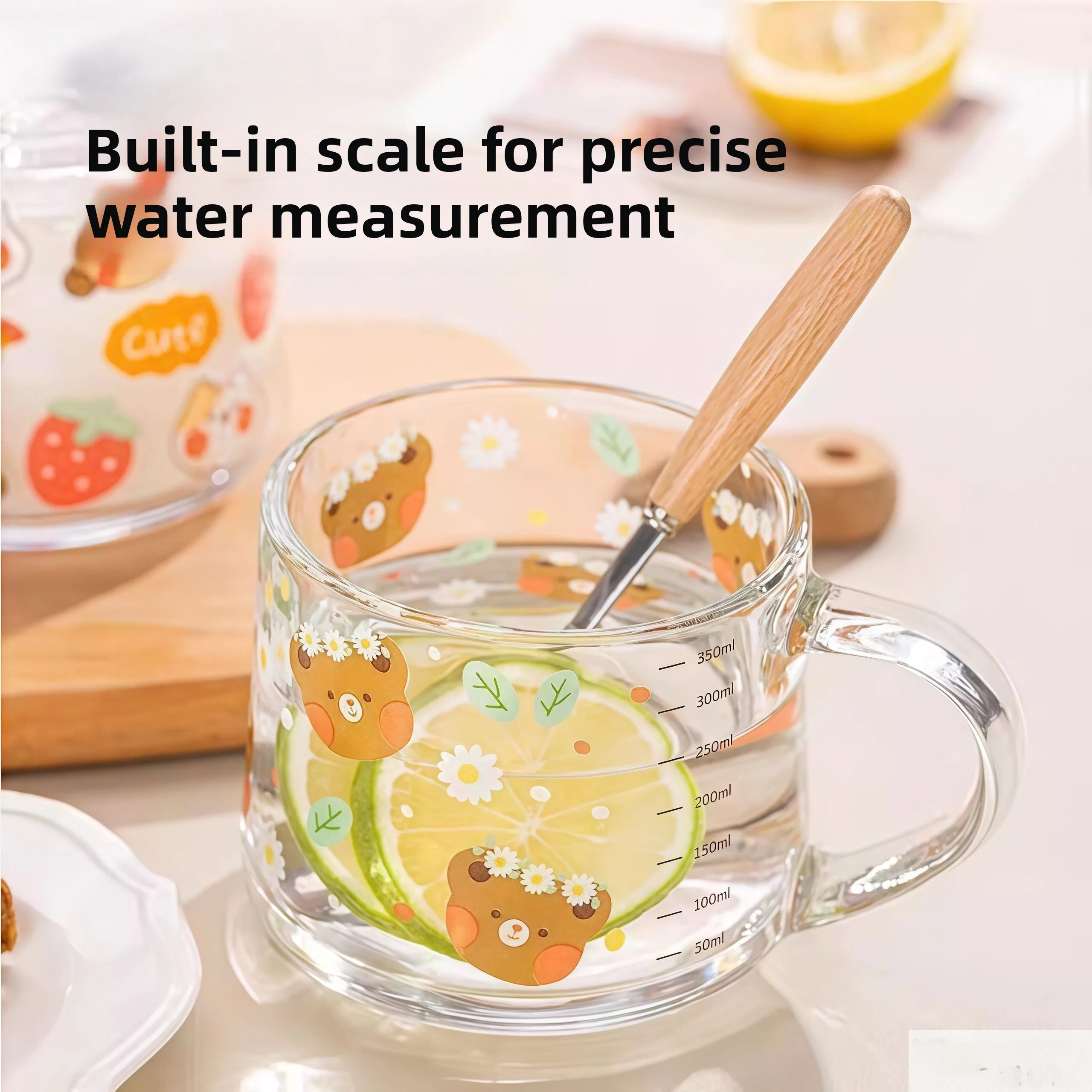 Cute Glass Milk Cup with Scale for Breakfast Microwave Safe Children's Oats Cup Heatable Milk Measurement Cup Japanese Style