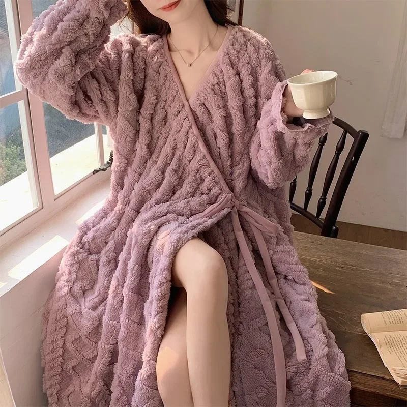 Maiden Jacquard Pattern Coral Fleece Spring  Autumn Payment Above The Knee Princess Home Dress Bathrobe Women Nightdress