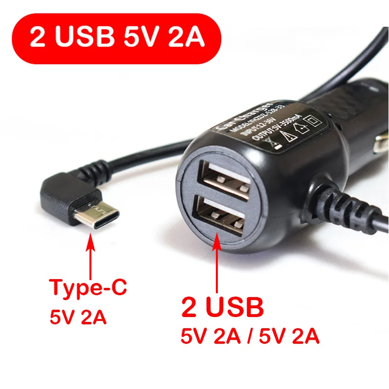 5V 2A Type-C USB-autoladeradapter QC3.0 snellader voor dashcam, mobiele telefoon, autocamera, DVR, kabellengte 3,5 meter