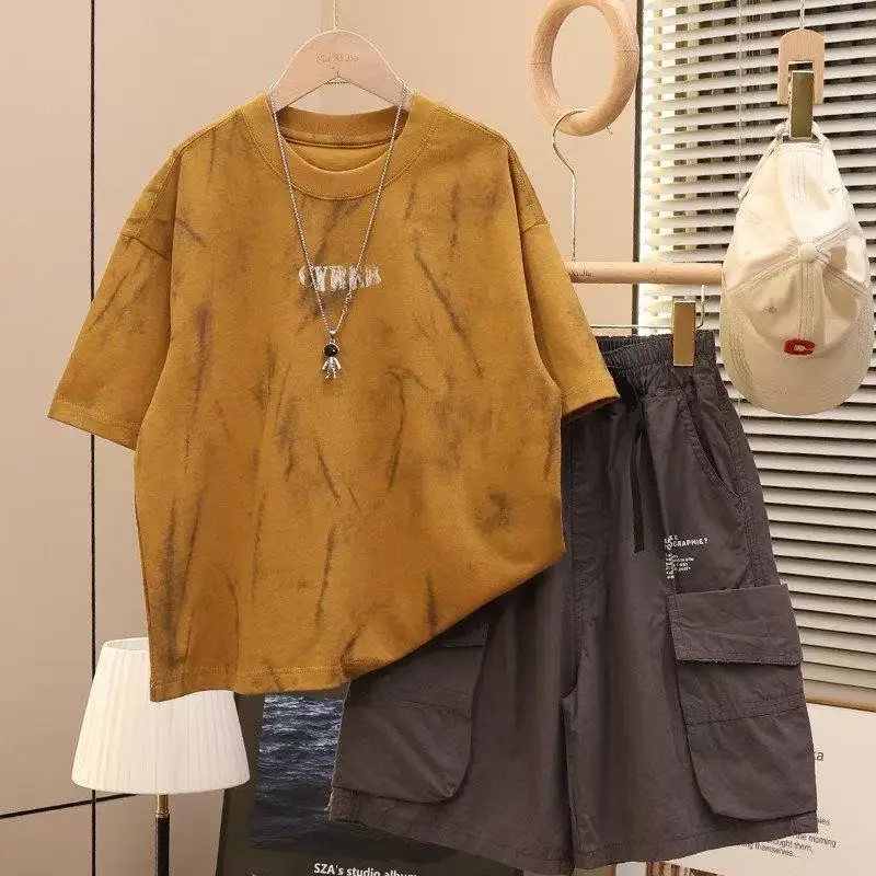 Boys Summer Workwear Set Trendy Brand for Middle-aged Children Short Sleeve T-Shirt Shorts 2pcs Clothing Teens Loose Casual Set