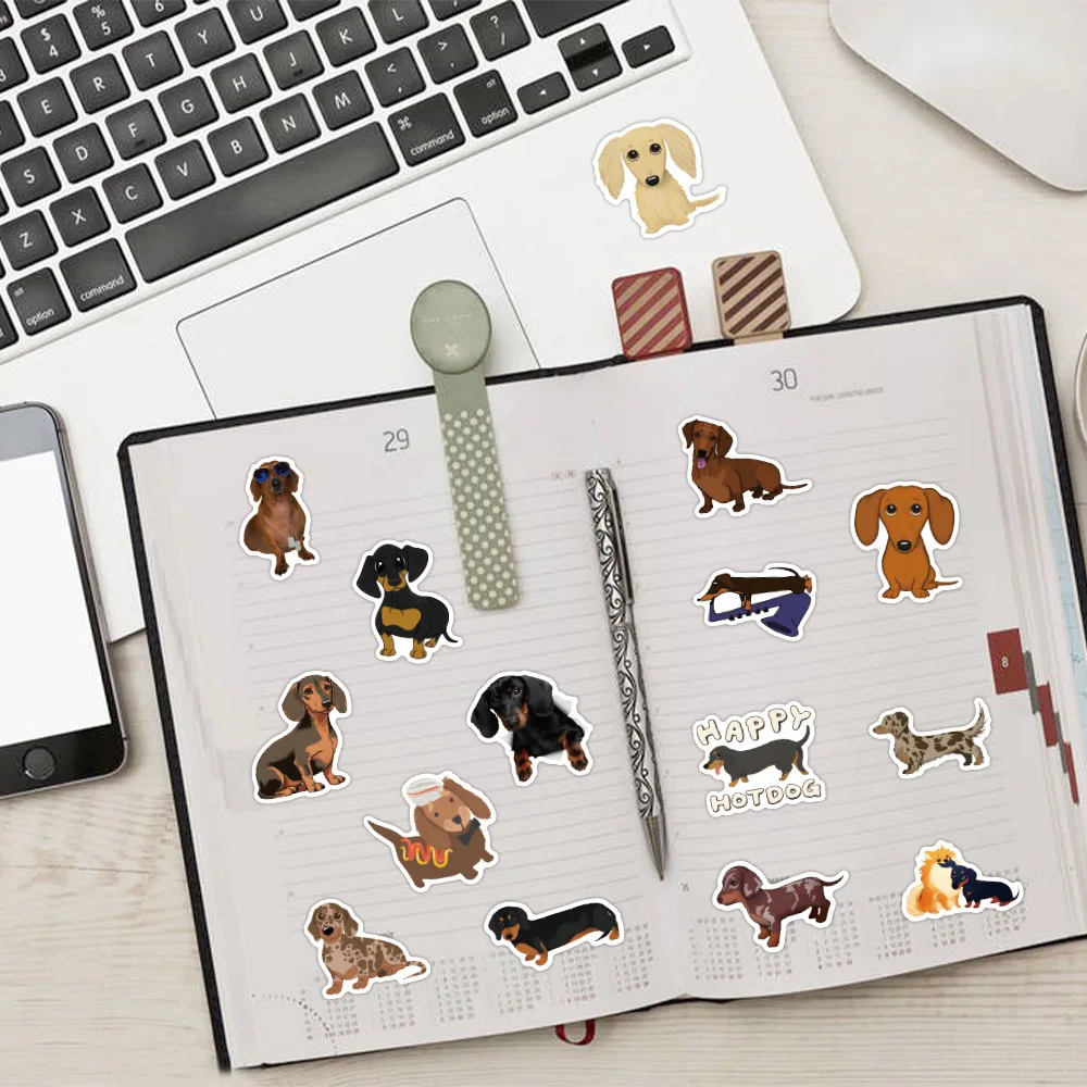 10/30/60PCS 귀여운 닥스훈트 만화 낙서 스티커 카와이 개 만화 데칼 수하물 전화 스크랩북 방수 스티커 아이 장난감