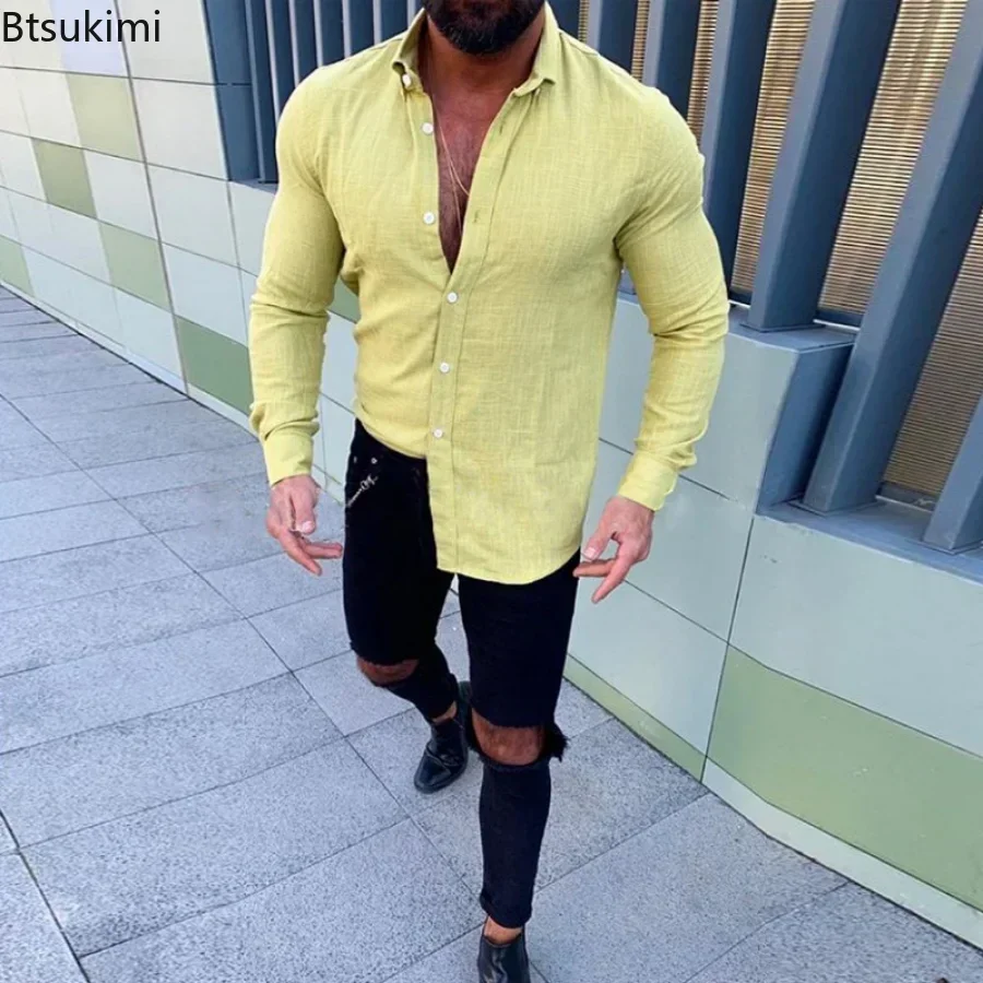 2024 camicie Casual a maniche lunghe da uomo in cotone e lino stile sottile risvolti camicia di canapa maschile Cardigan allentato t-Shirt camicia di moda per uomo