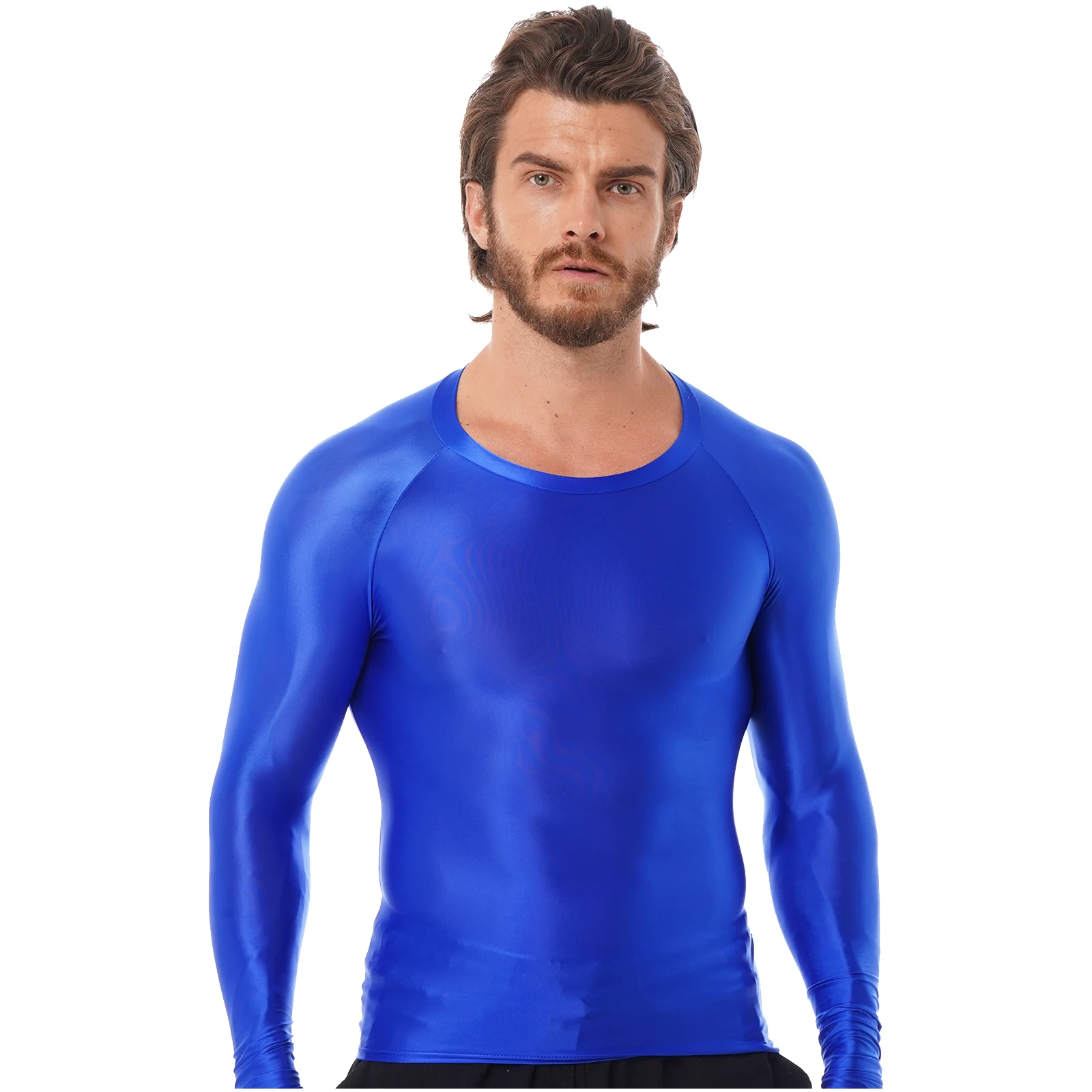 Mens Glossy O Neck Long Sleeve T-shirt Running Sports T-Shirts Tops Solid Color Slim Fit Breathable Tops Gym Yoga Sportwear