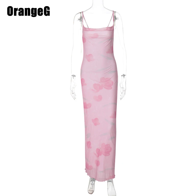 OrangeG Pink Beachwear abito lungo donna Spaghetti Strap Backless senza maniche Flower Print Mesh elastico Straight Vacation elegante