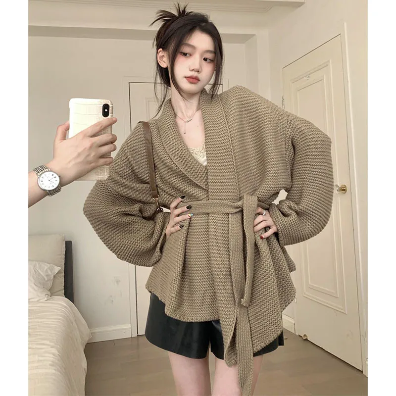 High-End Design Sweater Coat Ladies Autumn And Winter Soft Waxy Sweater Casual Tie Waist Cardigan Tie Solid Color V-Neck Sweater