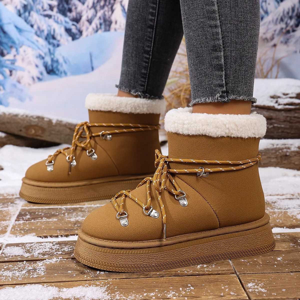 

In the autumn and winter of 2025, you can wear slimming fleece warm cotton shoes and snow boots with lace-up metal decorations