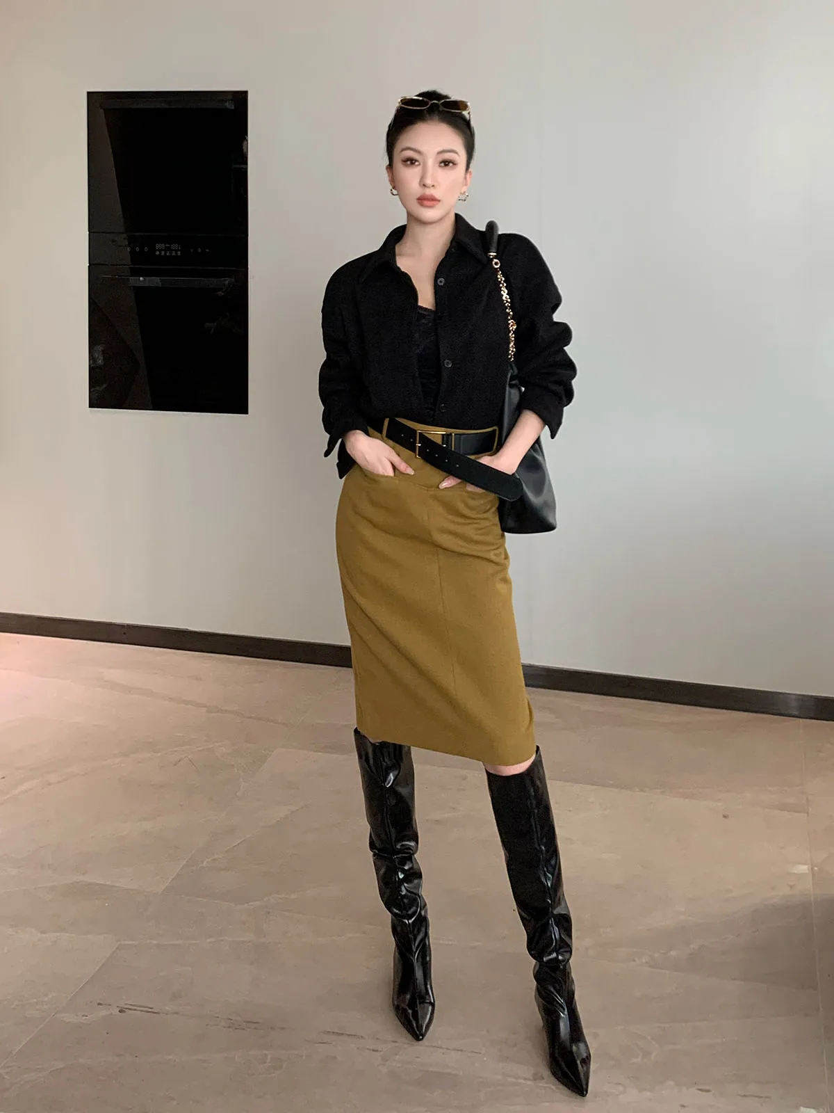 

Модная ретро-юбка из шерстяной смеси с разрезом сзади, повседневная, универсальная, осенне-зимняя, из полиэстера и вискозы, прямого кроя