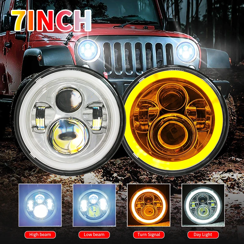

7 Inch LED Headlight H4 Hi-Lo with Halo Angel Eyes Round Headlamp for Lada 4x4 urban Niva Jeep JK Land rover defender Hummer