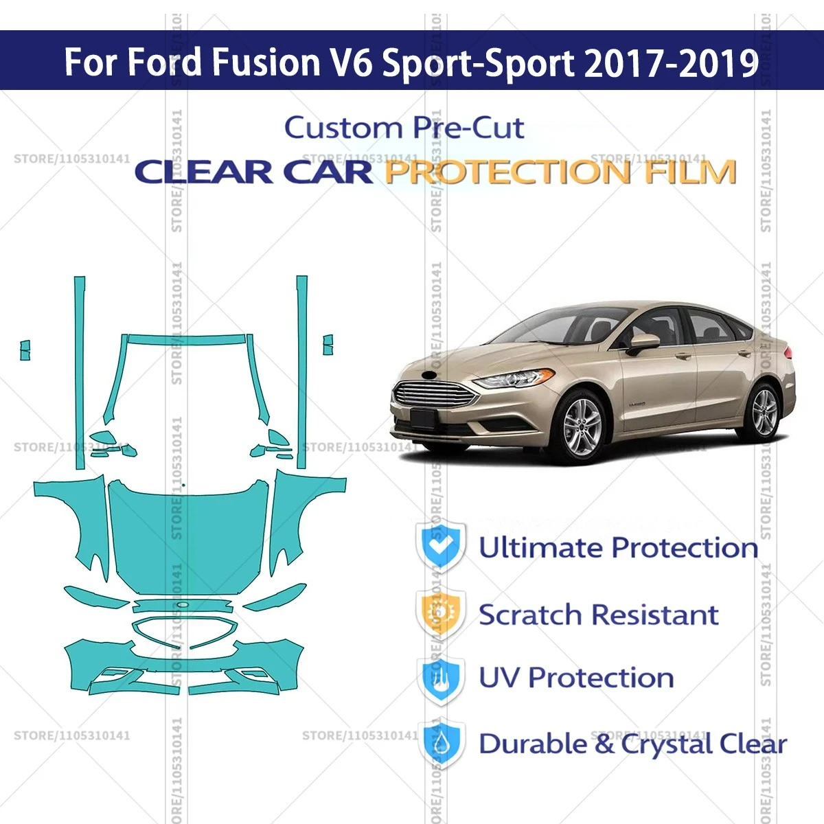 

Pre-Cut Paint Protection Film PPF Transparent Car Film Automotive PPF For Ford Fusion V6 Sport-Sport 2017-2019 Front Kit-Rockers