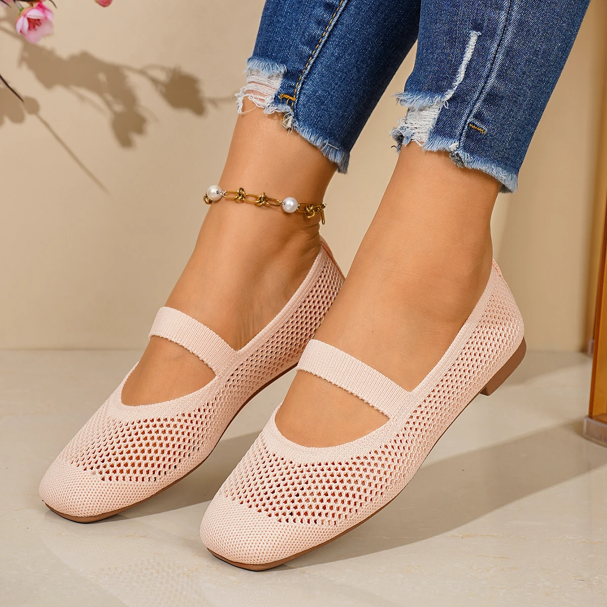 Damen Flache Schuhe Slip-on Faltbare Loafer für Frauen Quadratische Spitze Einzelschuhe Ausgehöhlte Modische Mutter-Freizeitschuhe für Damen – Detail 4
