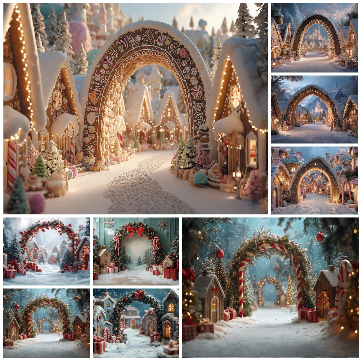 Christmas Decorations Photography Backdrops Gingerbread Arch Candy Cane House Light Family Kids Holiday Celebration Backgrounds