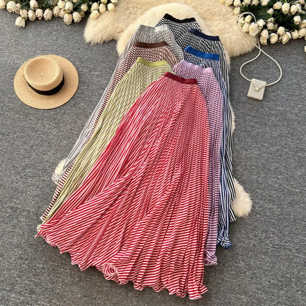 Women's Striped Midi Skirt Elastic Waistband Draped Stylish Half-length Skirts Fashionable Batwing Shape Spring Season