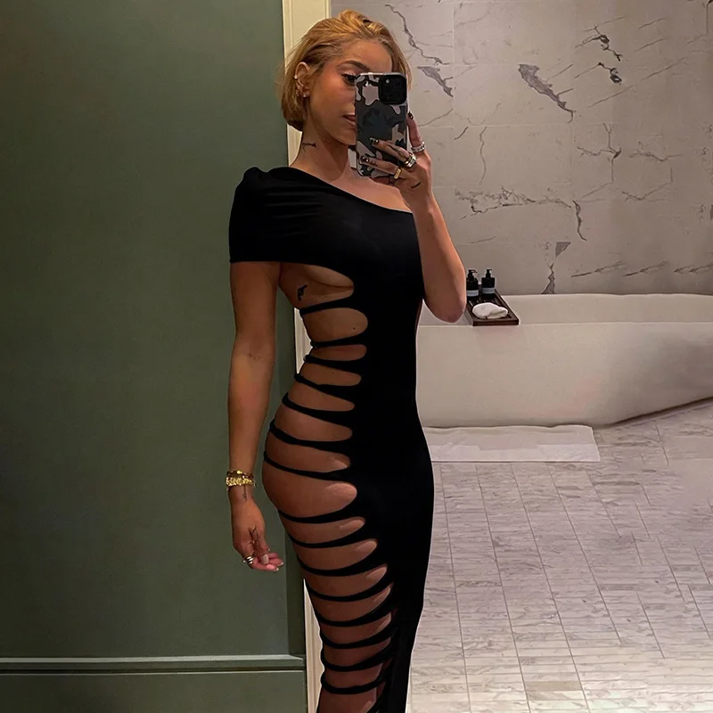 2026 Spring New Women's Fashionable Halter-Neck Sleeveless Solid-color Open-work Sexy A-line Flirty Dress for Girls