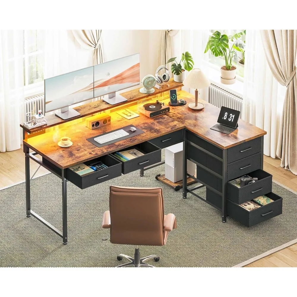 Xmsj Aodk 53-Inch L-Vormig Bureau Met Lades Voor 7 Bestanden, Speelbureau Met Led-Lamp En Stopcontact, Omkeerbaar Bureau Voor Thuiskantoor