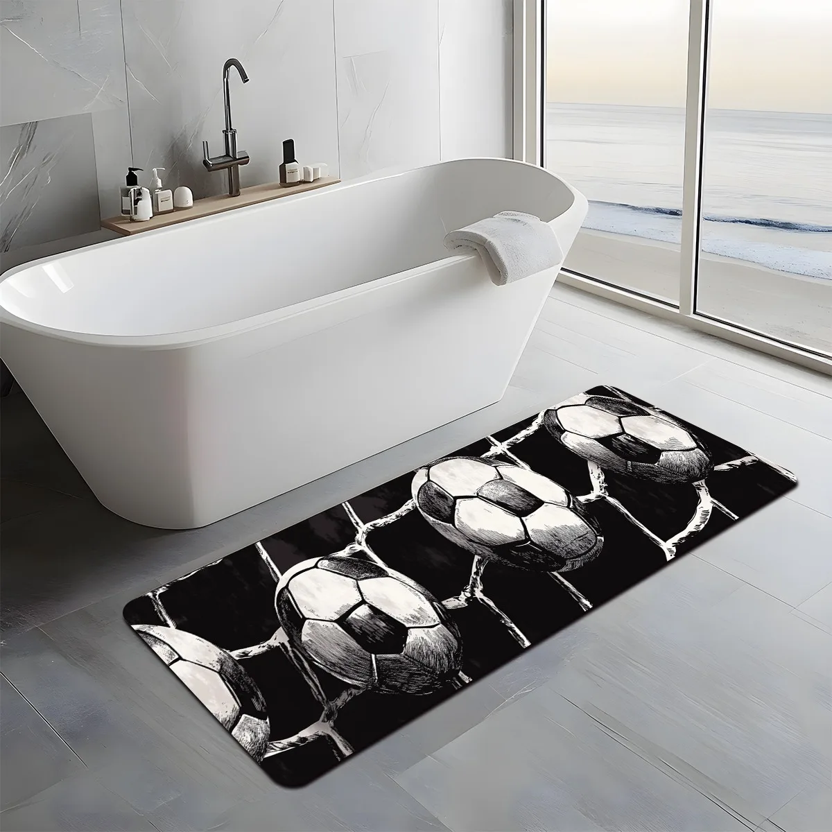 

3D Sketch Soccer Ball Net Print Diatomaceous Earth Kitchen Mat, Non-Slip Oil-Proof Waterproof Stain Resistant Long Floor Rug