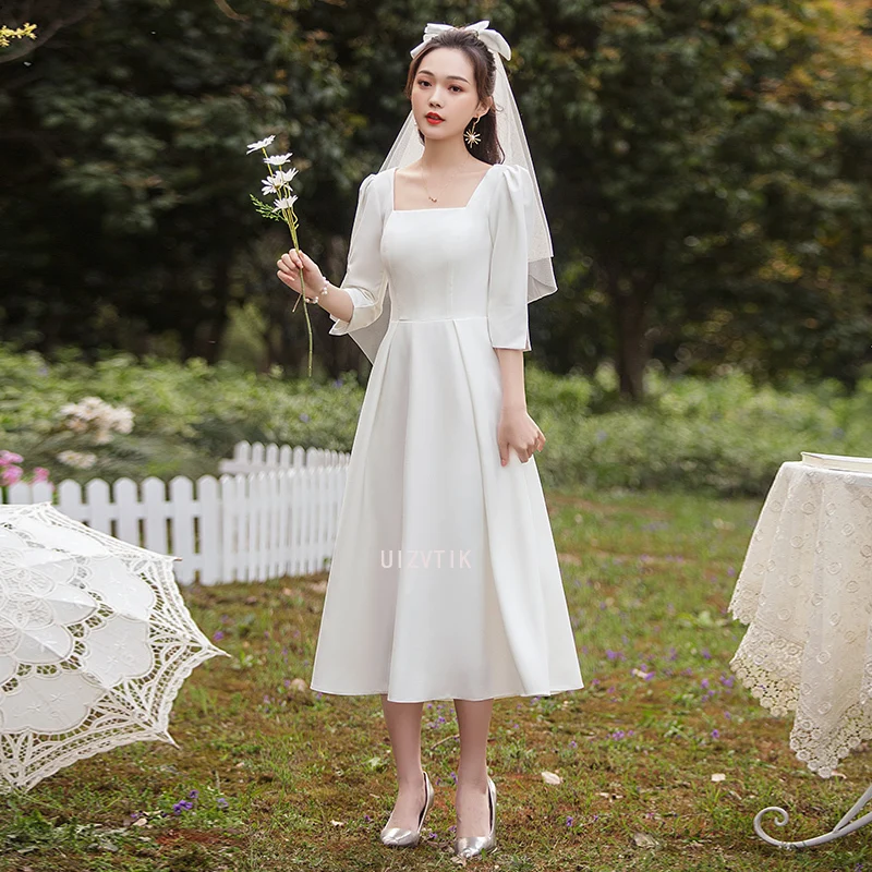 White Simple Light Wedding Dresses for Bride Elegant Square Neck Midi Prom Evening Guest Party Women Summer Formal Vestidos