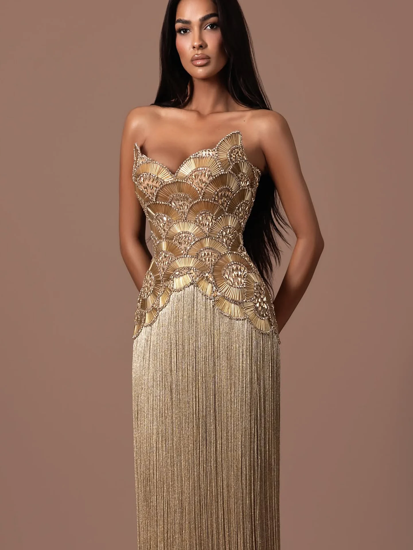 LumiGown Custom Gold Strapless Scalloped Corset Mermaid Evening Dress Beaded Fringe Walima Khaleeji Formal Gown Sparkly Gulf