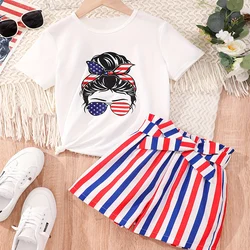 Two Piece Summer Girl Cute And Fashionable Girl Avatar Printed Vertical Pattern Shorts Set, Daily Casual Birthday Party Set